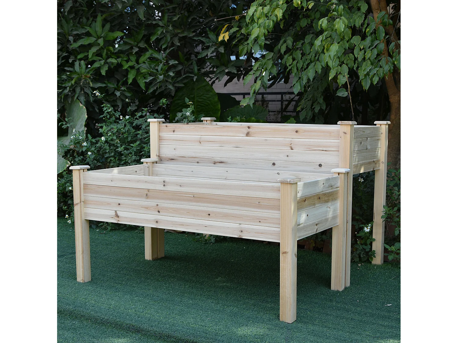 Jardinière sur pieds carré potager 2 étages dim. 115L x 114l x 76H cm inserts d'irrigation bois sapin naturel