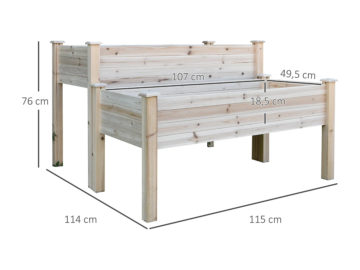 Jardinière sur pieds carré potager 2 étages dim. 115L x 114l x 76H cm inserts d'irrigation bois sapin naturel