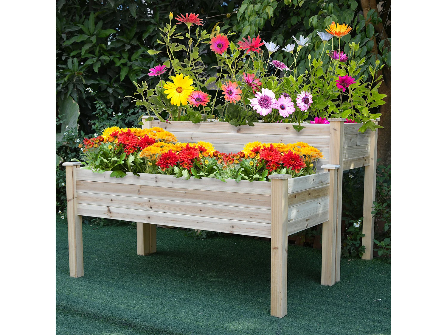 Jardinière sur pieds carré potager 2 étages dim. 115L x 114l x 76H cm inserts d'irrigation bois sapin naturel