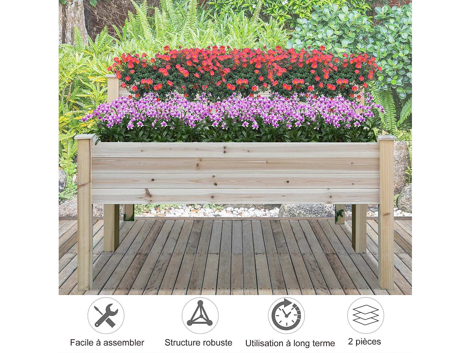 Jardinière sur pieds carré potager 2 étages dim. 115L x 114l x 76H cm inserts d'irrigation bois sapin naturel