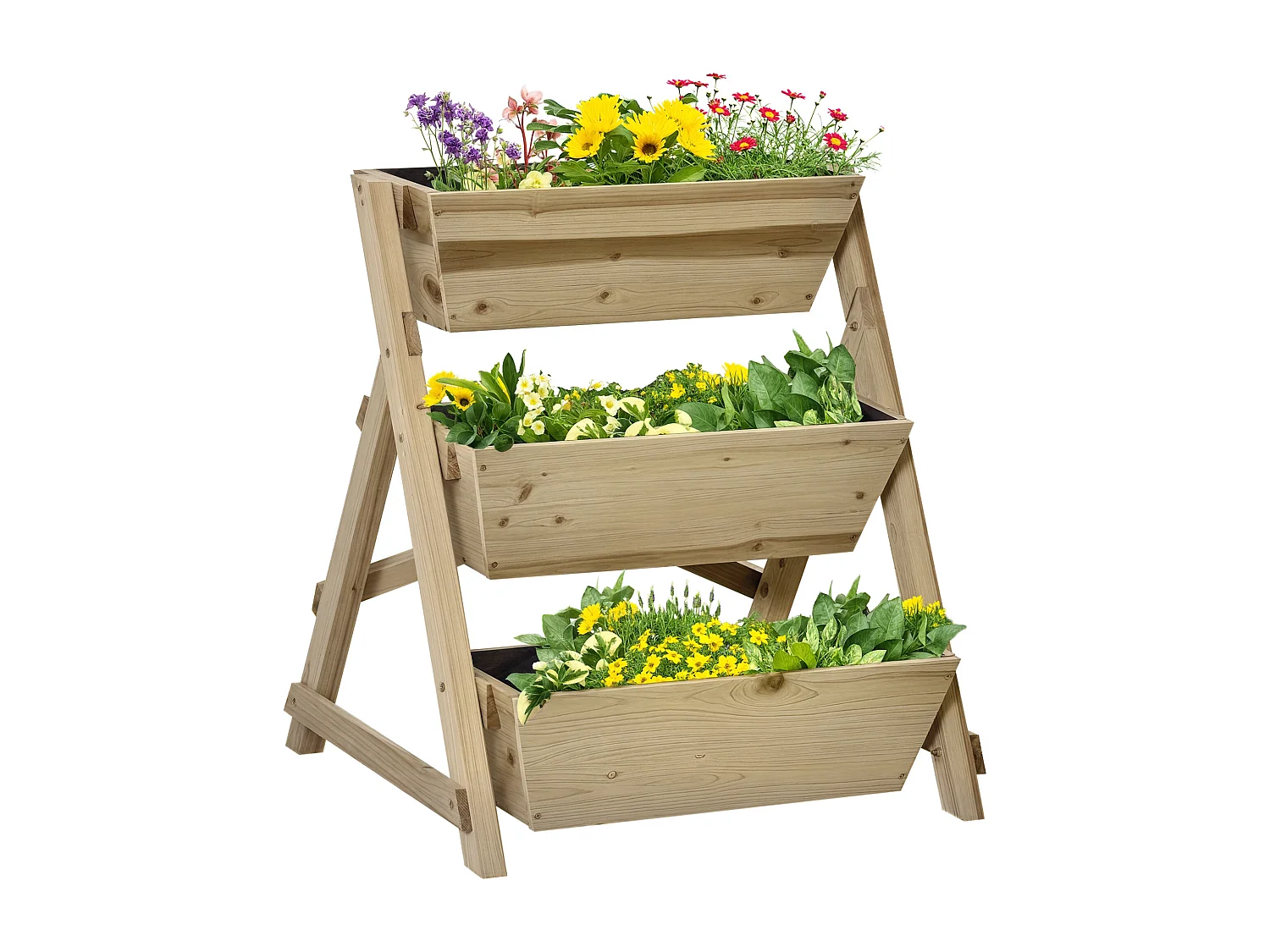 Jardinière sur pieds carré potager 3 étages dim. 71L x 61l x 77H cm inserts d'irrigation feutre de drainage bois sapin autoclave