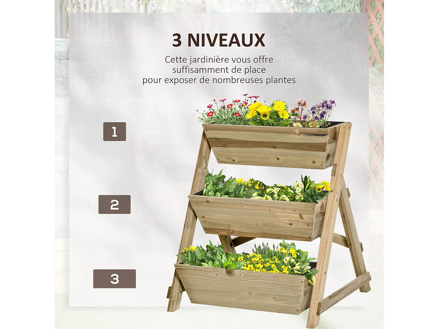 Jardinière sur pieds carré potager 3 étages dim. 71L x 61l x 77H cm inserts d'irrigation feutre de drainage bois sapin autoclave