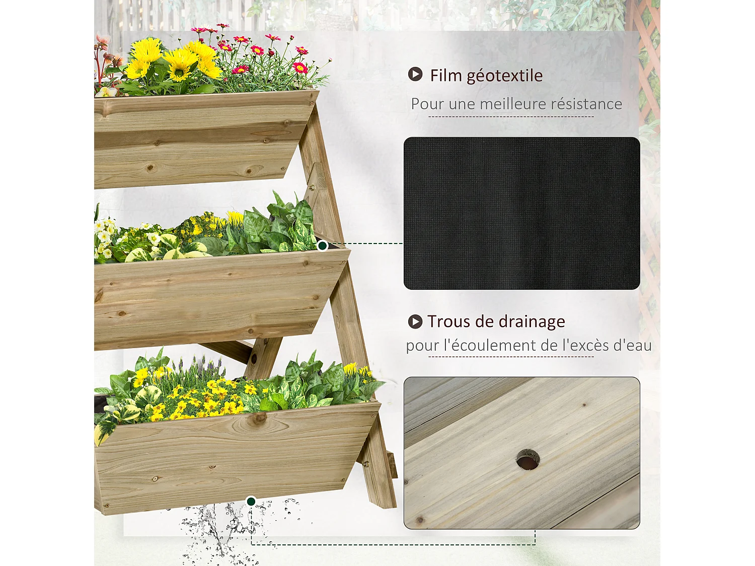 Jardinière sur pieds carré potager 3 étages dim. 71L x 61l x 77H cm inserts d'irrigation feutre de drainage bois sapin autoclave