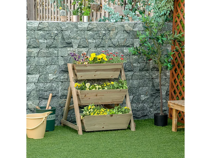 Jardinière sur pieds carré potager 3 étages dim. 71L x 61l x 77H cm inserts d'irrigation feutre de drainage bois sapin autoclave