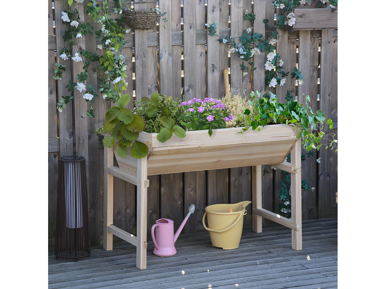 Jardinière sur pieds potager dim. 108,5L x 60l x 80H cm inserts d'irrigation + feutre de drainage inclus bois sapin