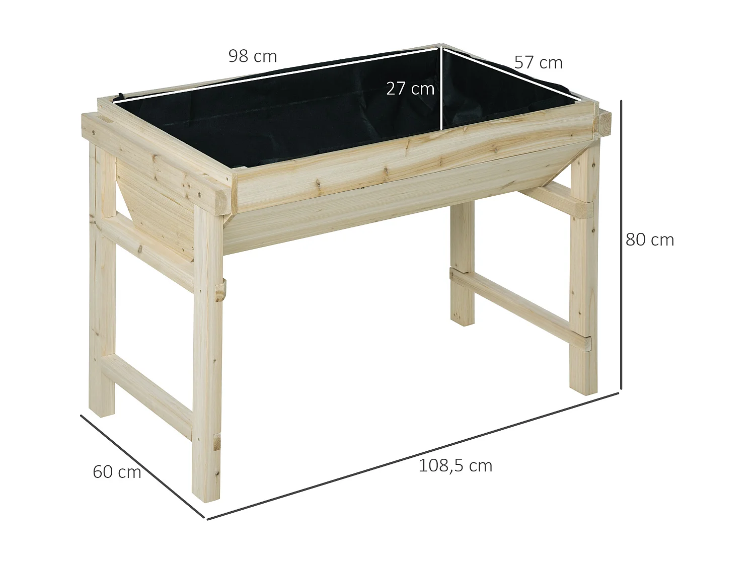Jardinière sur pieds potager dim. 108,5L x 60l x 80H cm inserts d'irrigation + feutre de drainage inclus bois sapin
