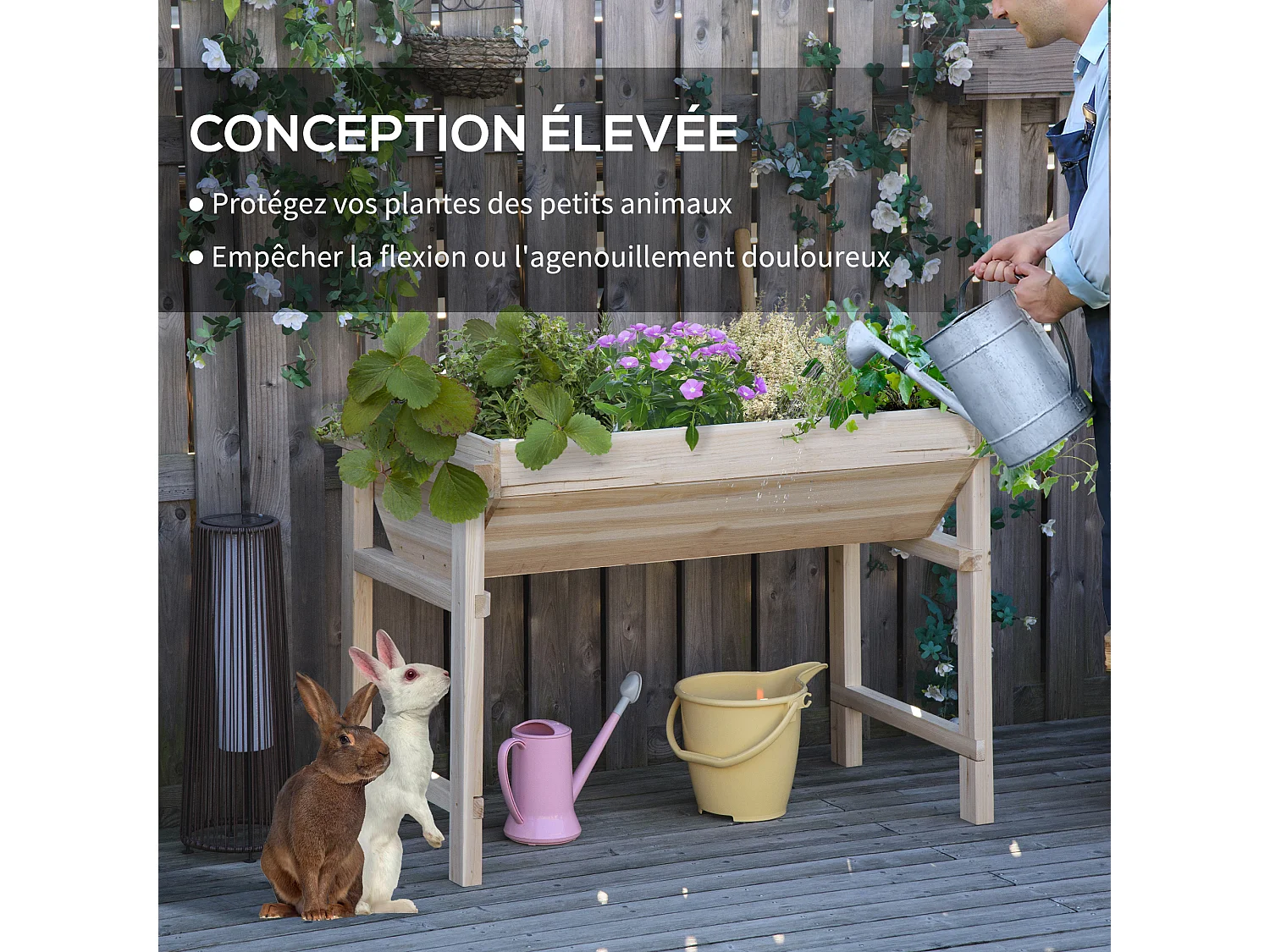 Jardinière sur pieds potager dim. 108,5L x 60l x 80H cm inserts d'irrigation + feutre de drainage inclus bois sapin