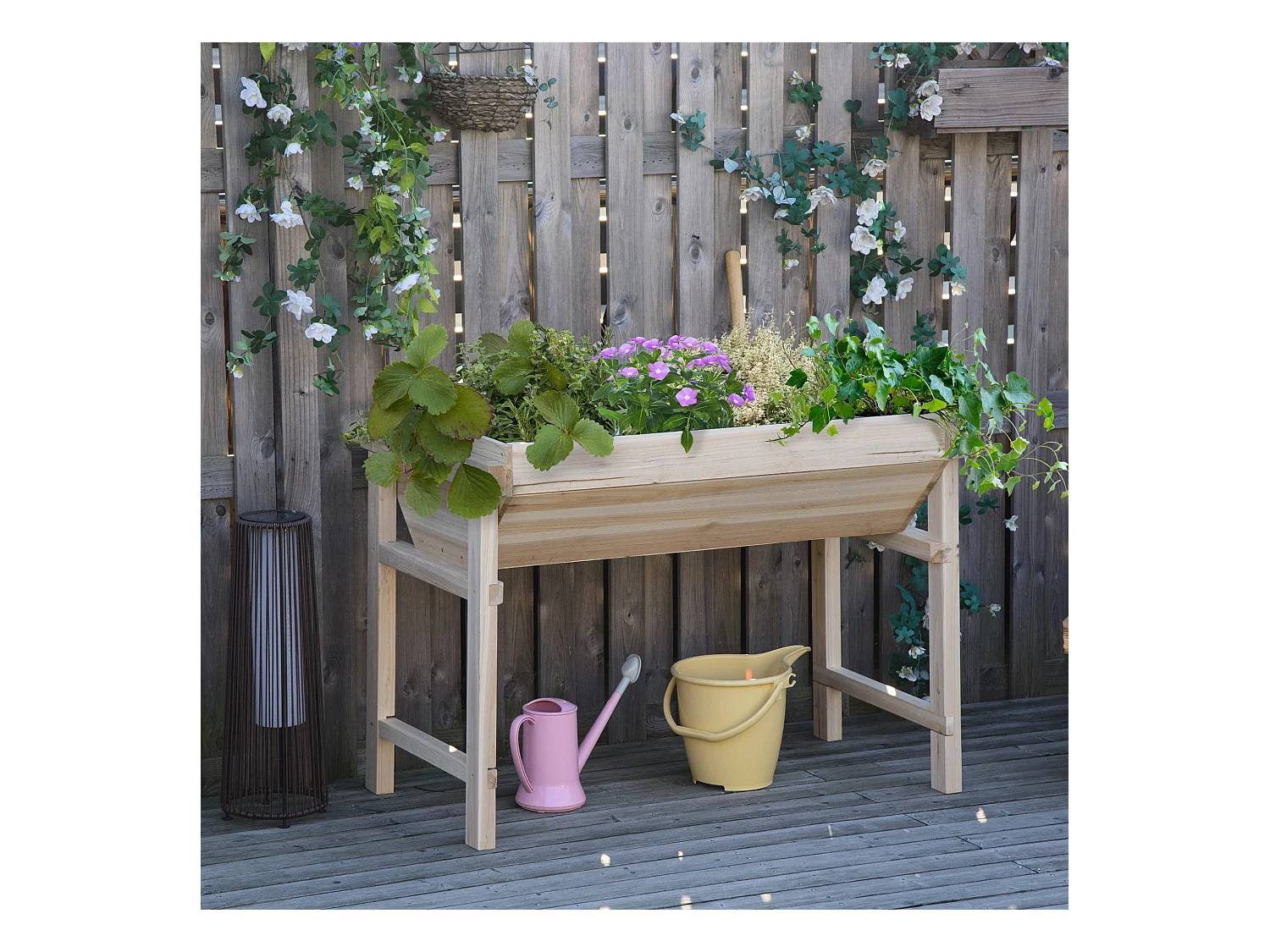 Jardinière sur pieds potager dim. 108,5L x 60l x 80H cm inserts d'irrigation + feutre de drainage inclus bois sapin