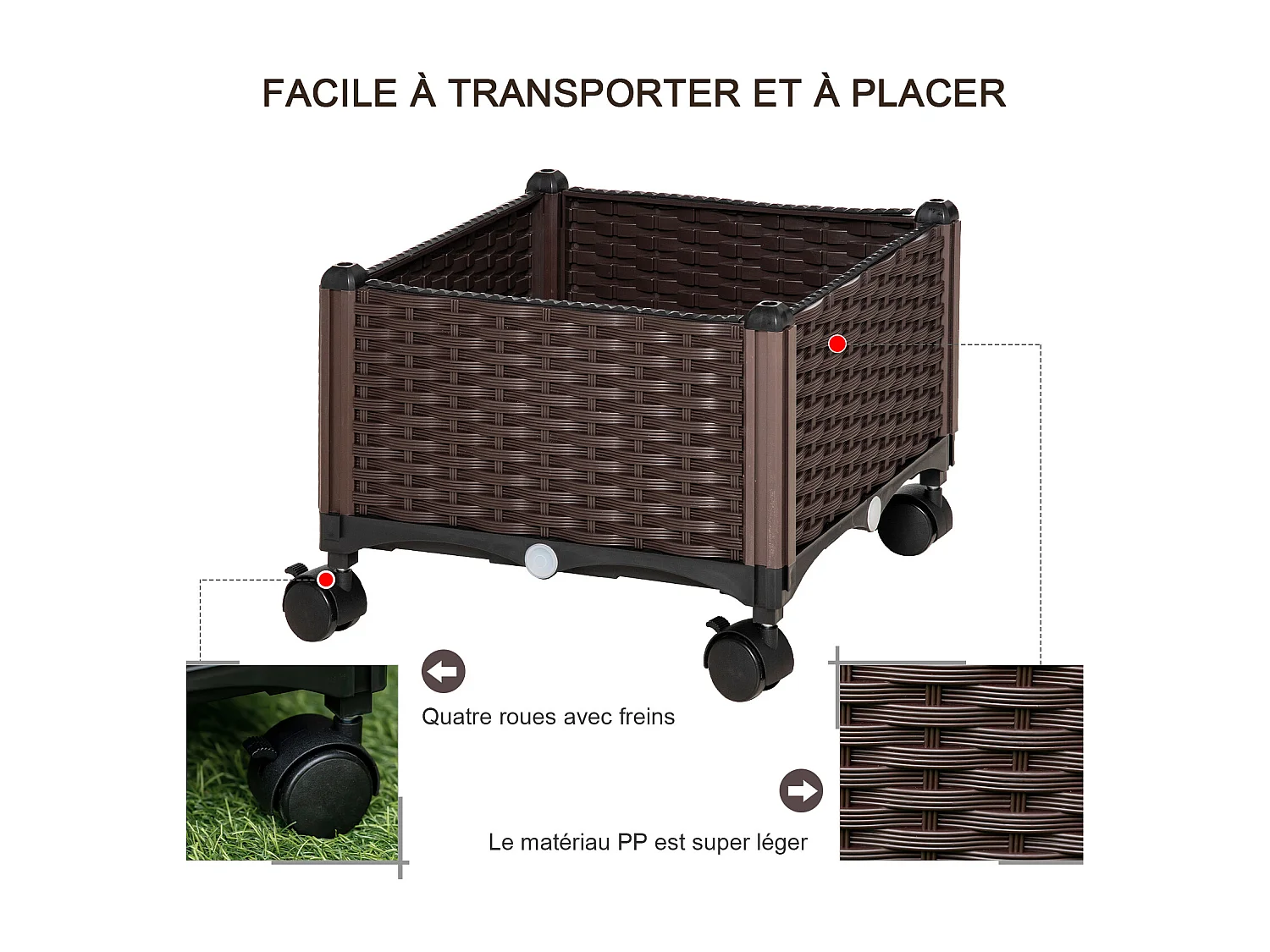 Jardinière sur roulettes dim. 40L x 40l x 31H cm insert d'irrigation plastique imitation rotin tressé chocolat