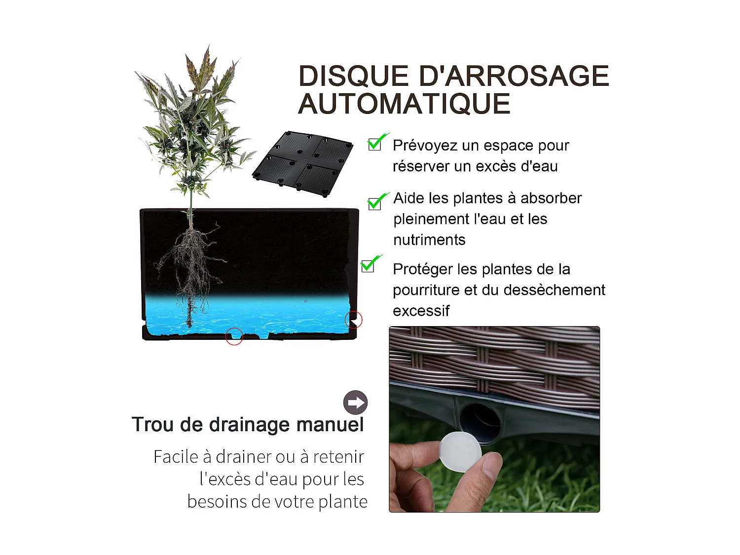 Jardinière sur roulettes dim. 40L x 40l x 31H cm insert d'irrigation plastique imitation rotin tressé chocolat