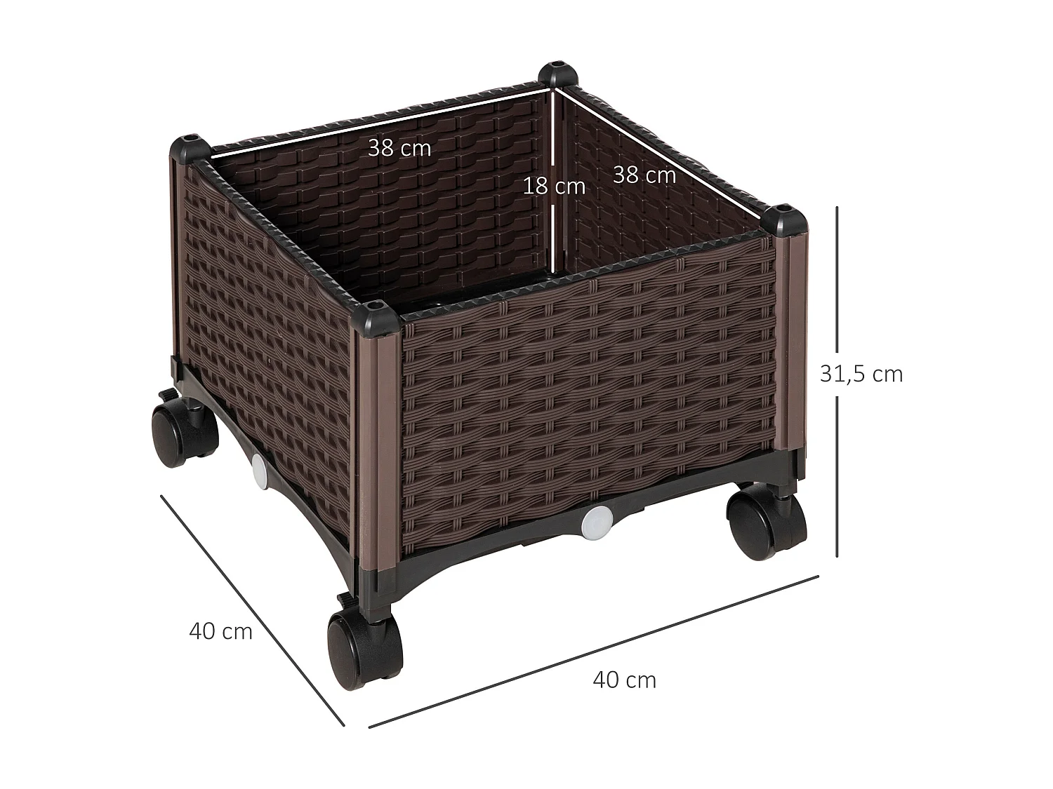 Jardinière sur roulettes dim. 40L x 40l x 31H cm insert d'irrigation plastique imitation rotin tressé chocolat
