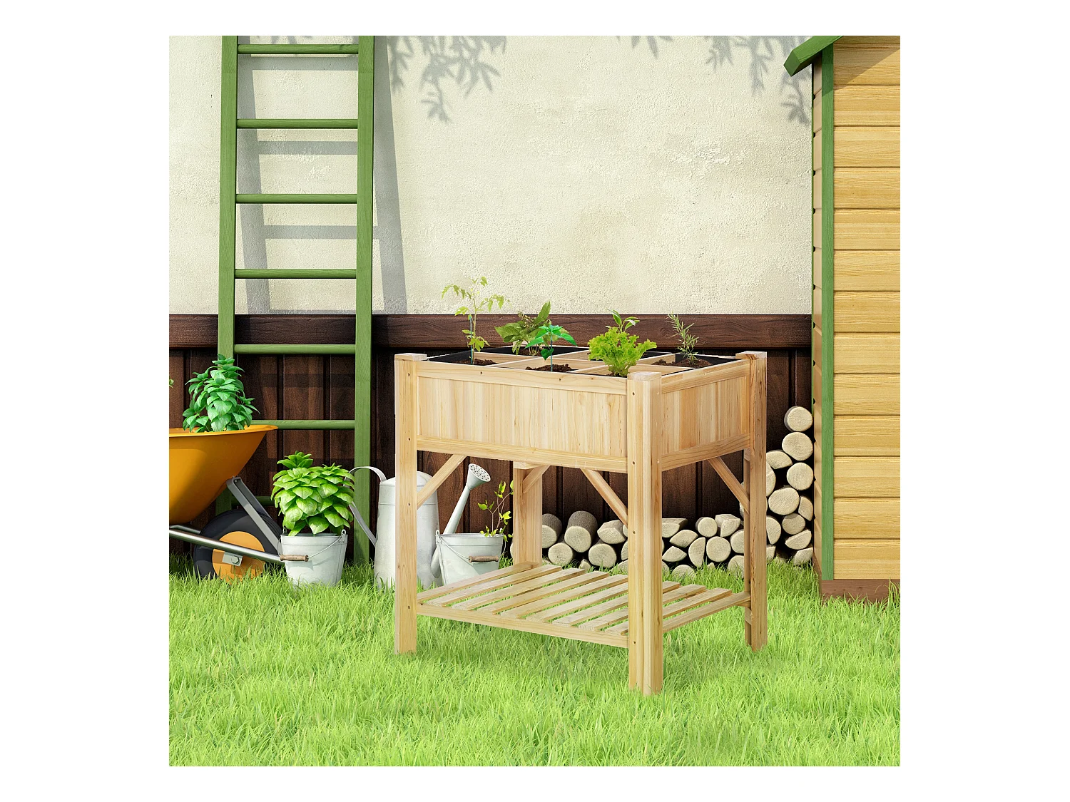 Jardinière sur pieds - carré potager avec étagère - dim. 78L x 58l x 81H cm - 6 compartiments - feutre drainage inclus - bois sapin pré-huilé
