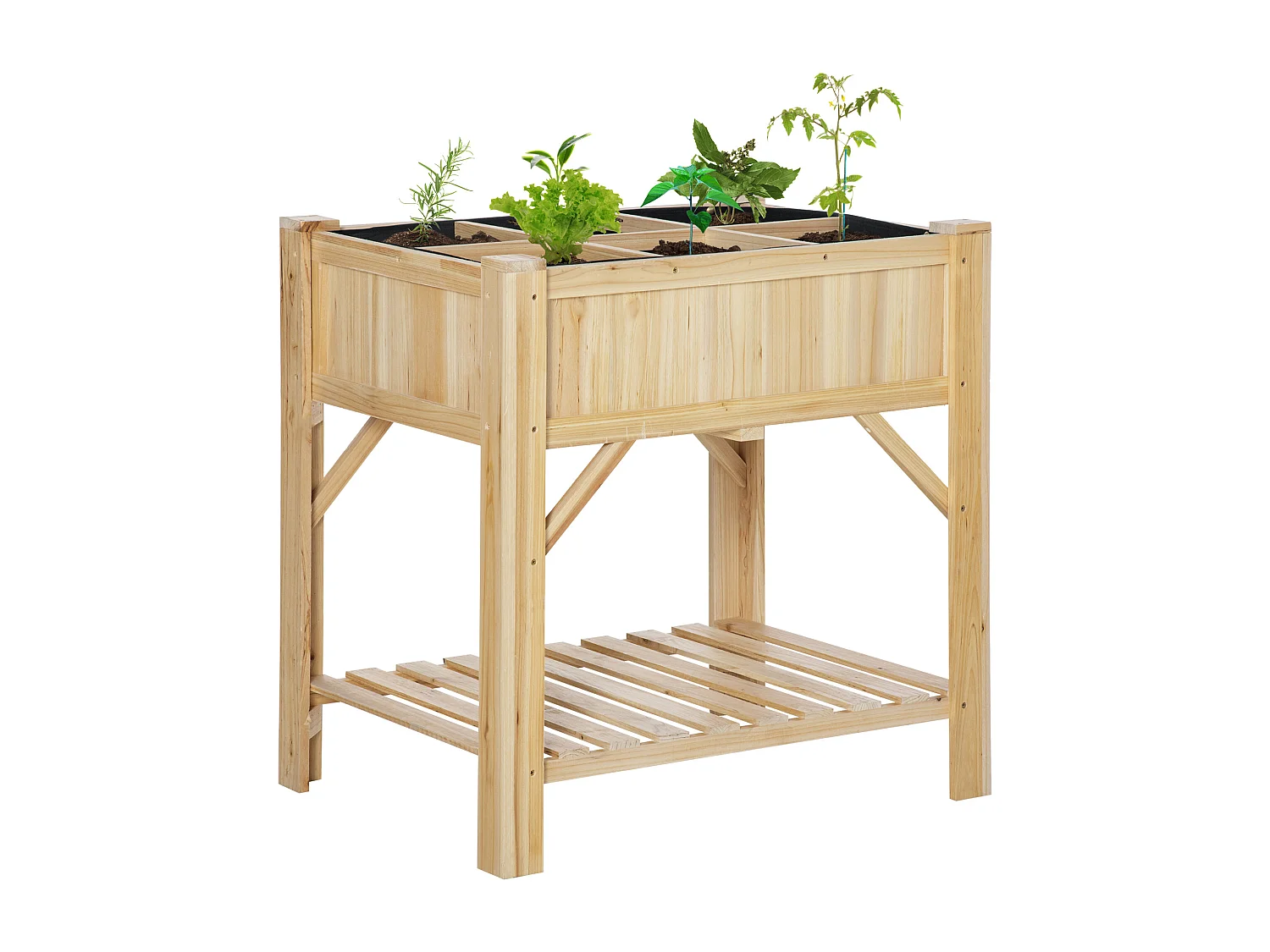 Jardinière sur pieds - carré potager avec étagère - dim. 78L x 58l x 81H cm - 6 compartiments - feutre drainage inclus - bois sapin pré-huilé