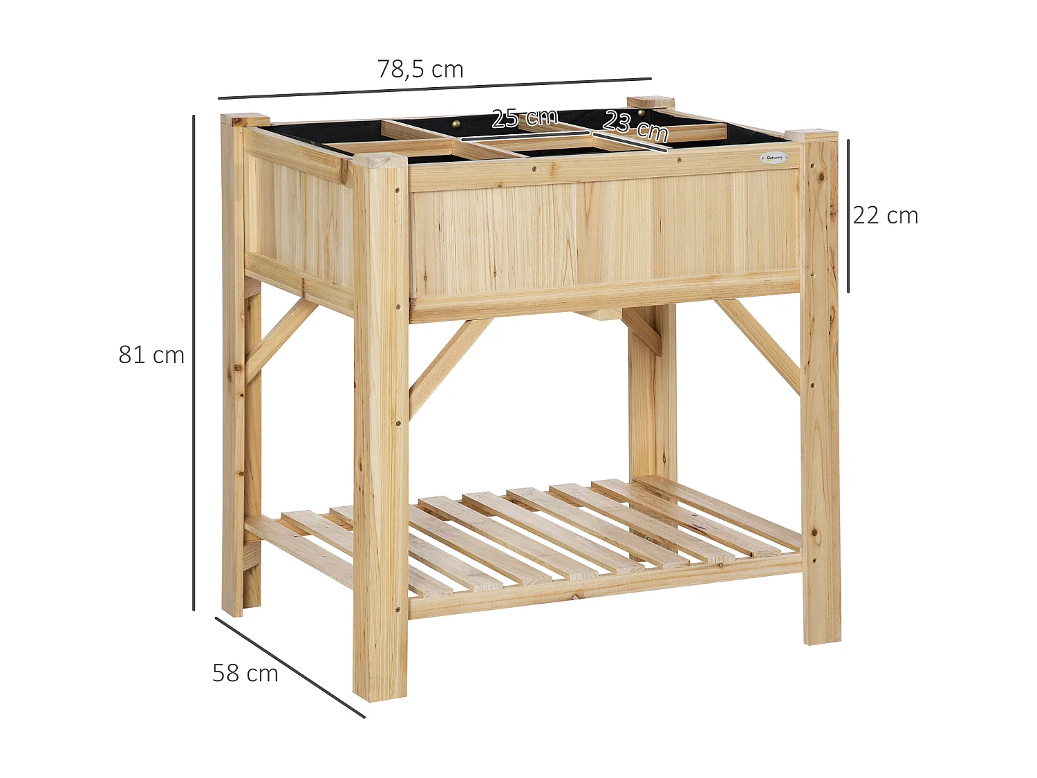 Jardinière sur pieds - carré potager avec étagère - dim. 78L x 58l x 81H cm - 6 compartiments - feutre drainage inclus - bois sapin pré-huilé