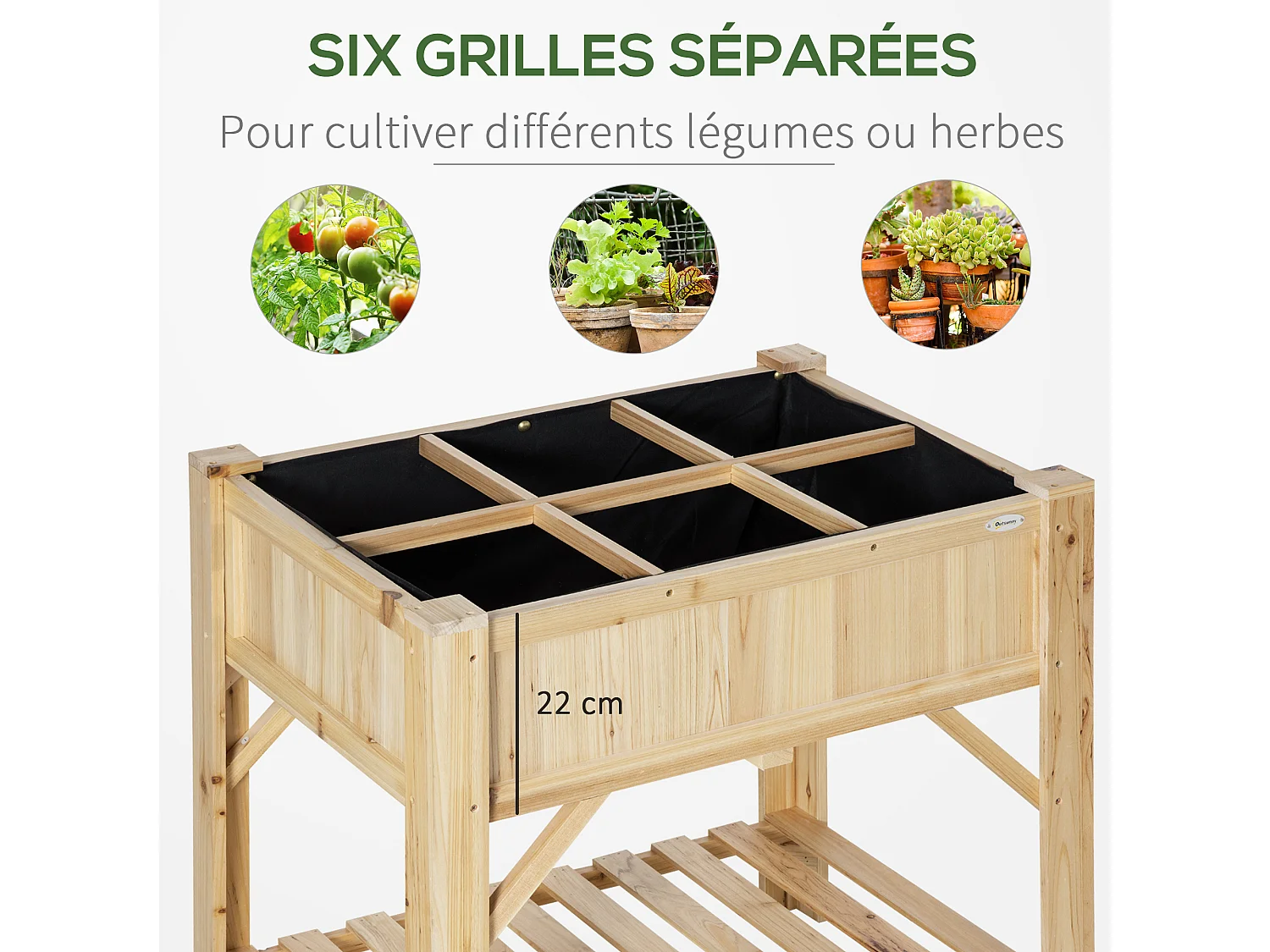 Jardinière sur pieds - carré potager avec étagère - dim. 78L x 58l x 81H cm - 6 compartiments - feutre drainage inclus - bois sapin pré-huilé