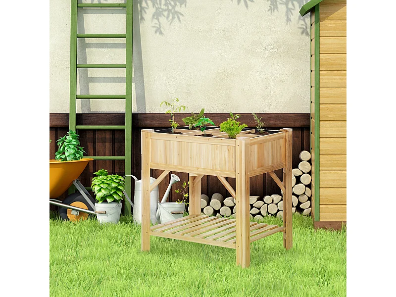 Jardinière sur pieds - carré potager avec étagère - dim. 78L x 58l x 81H cm - 6 compartiments - feutre drainage inclus - bois sapin pré-huilé