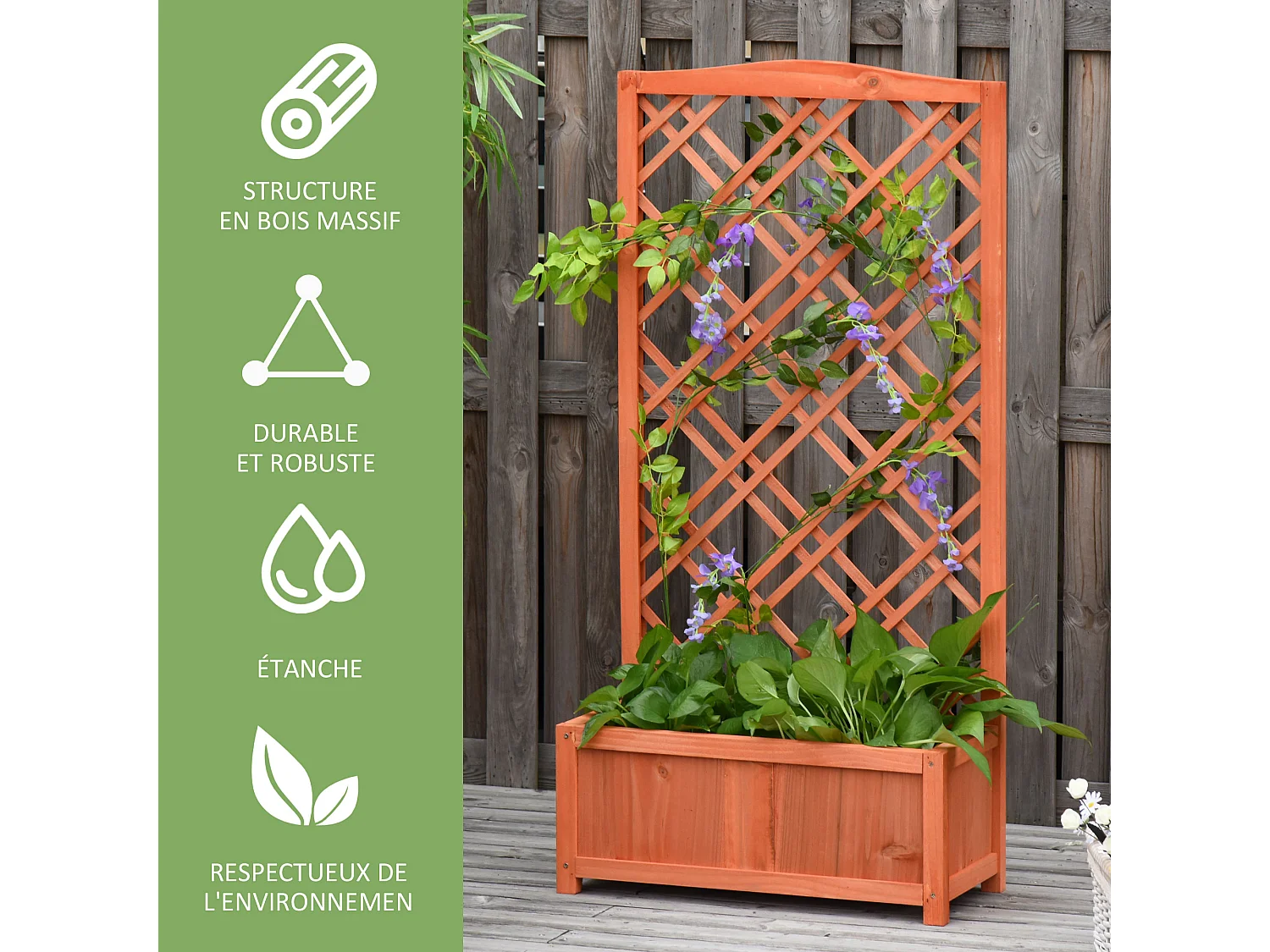 Jardinière avec treillis - bac à fleurs - jardinière sur pied - dim. 60L x 30l x 122H cm bois sapin pré-huilé