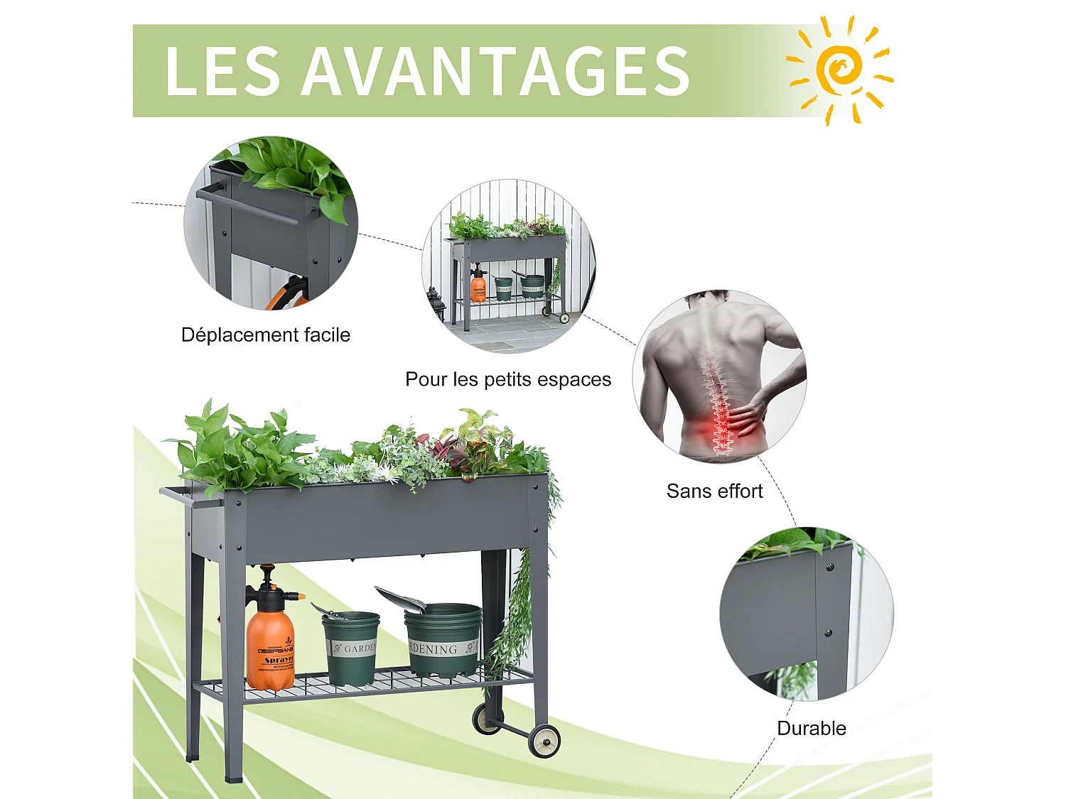 Jardinière sur pieds potager dim. 104L x 39l x 80H cm étagère 2 roues + insert d'irrigation métal gris