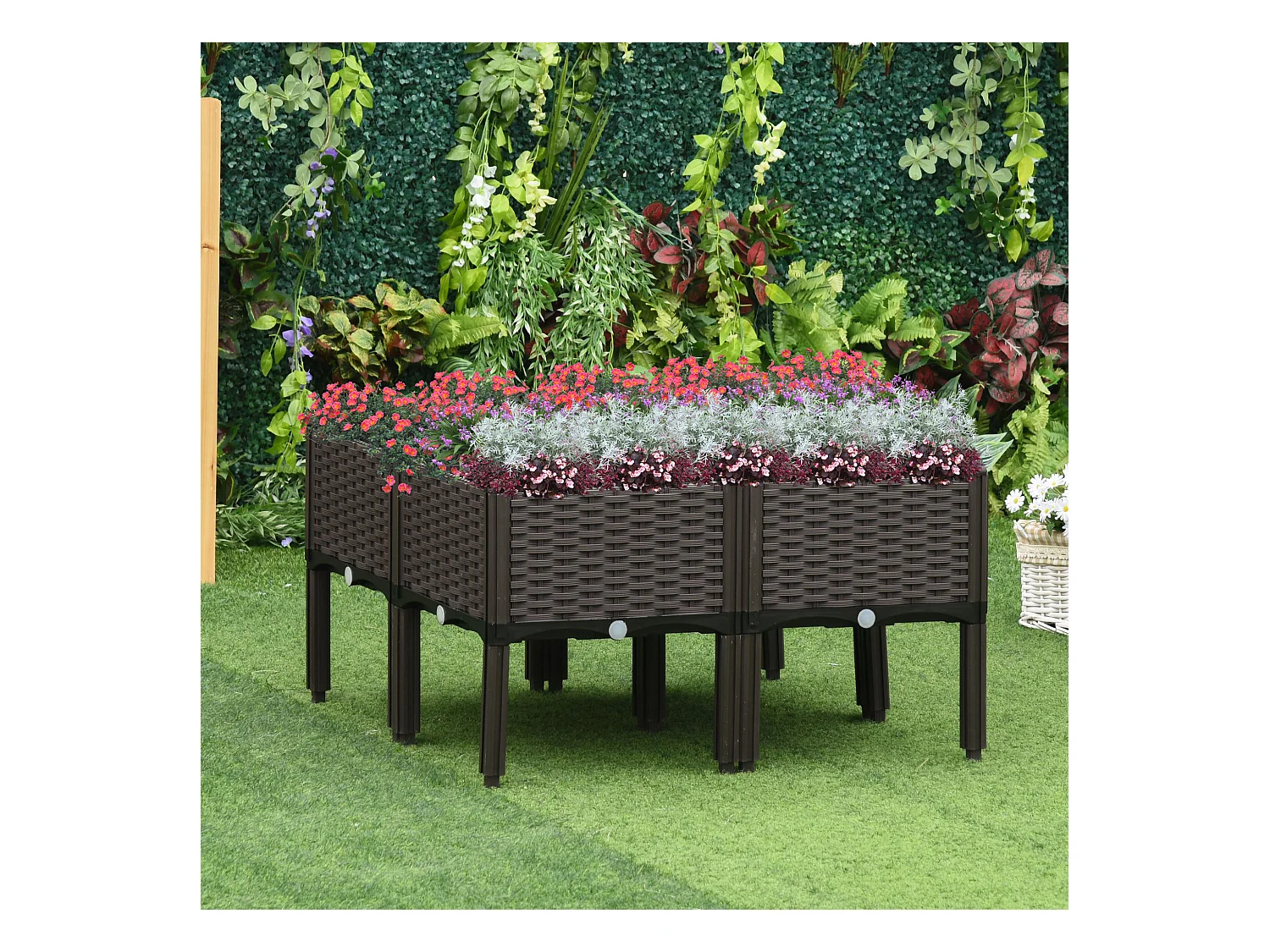Jardinière sur pieds carré potager dim. 80L x 80l x 44H cm inserts d'irrigation inclus PP imitation rotin tressé chocolat