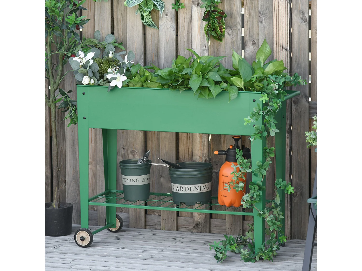Jardinière sur pieds potager dim. 104L x 39l x 80H cm étagère 2 roues + insert d'irrigation métal vert