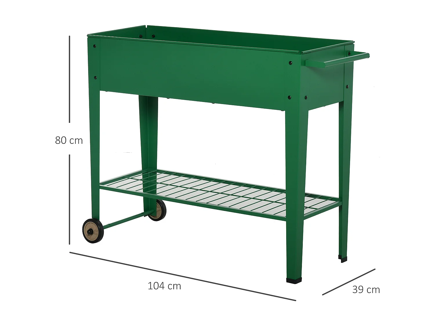 Jardinière sur pieds potager dim. 104L x 39l x 80H cm étagère 2 roues + insert d'irrigation métal vert