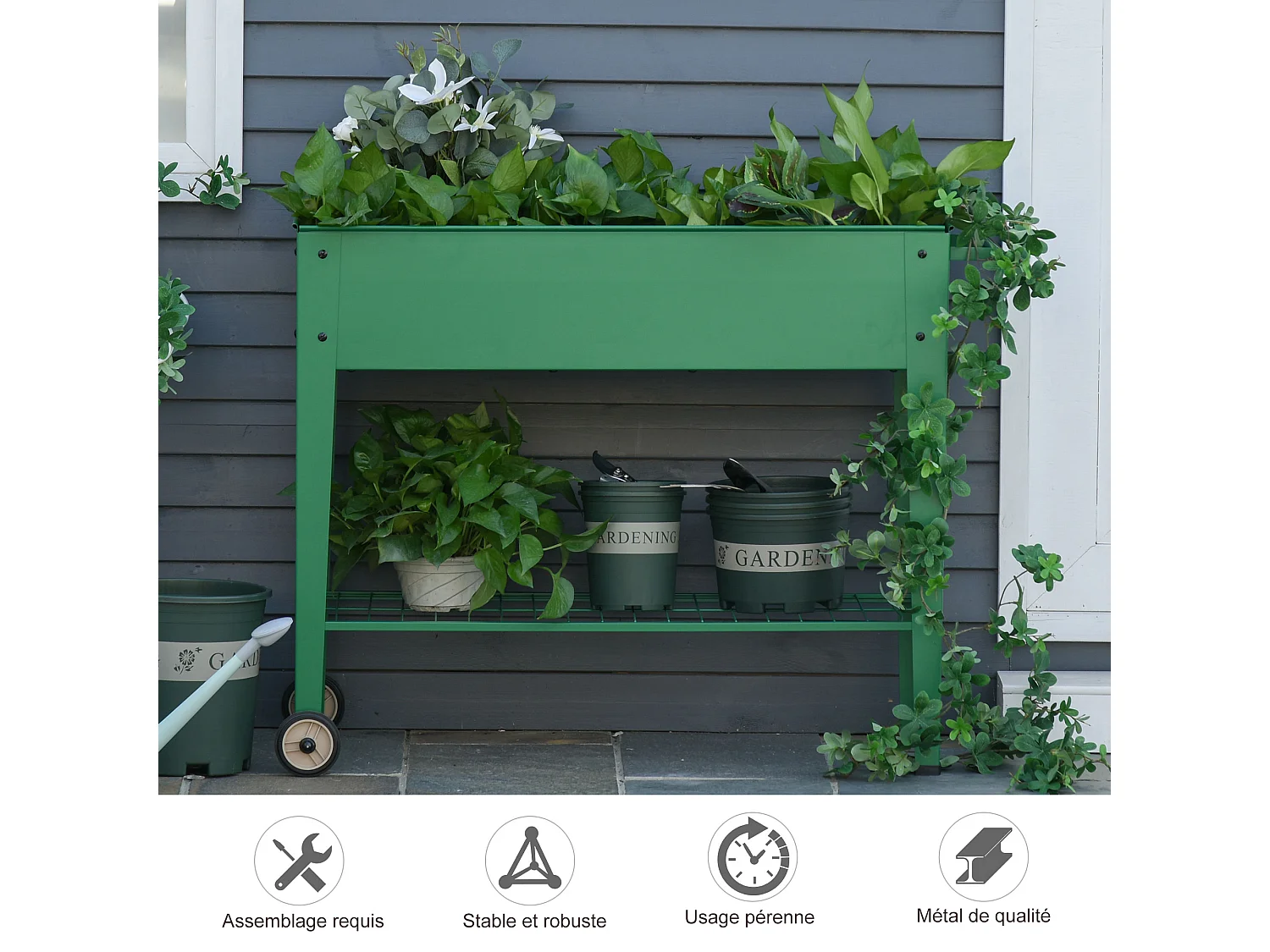 Jardinière sur pieds potager dim. 104L x 39l x 80H cm étagère 2 roues + insert d'irrigation métal vert