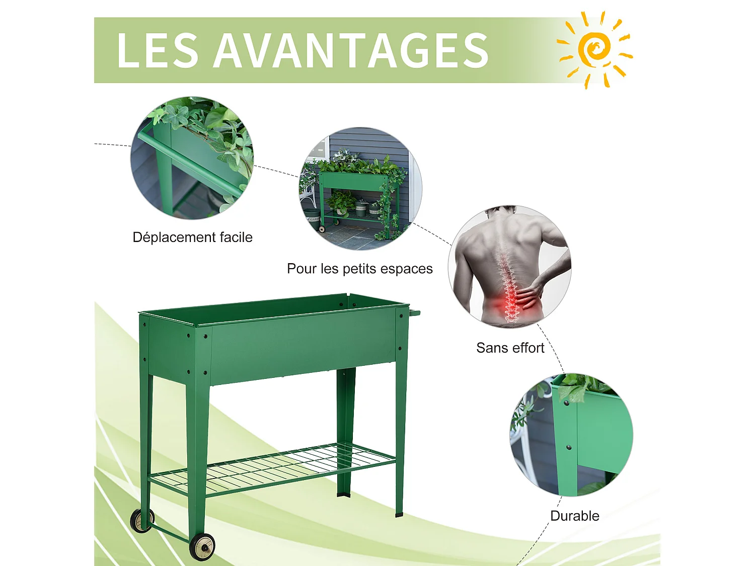 Jardinière sur pieds potager dim. 104L x 39l x 80H cm étagère 2 roues + insert d'irrigation métal vert