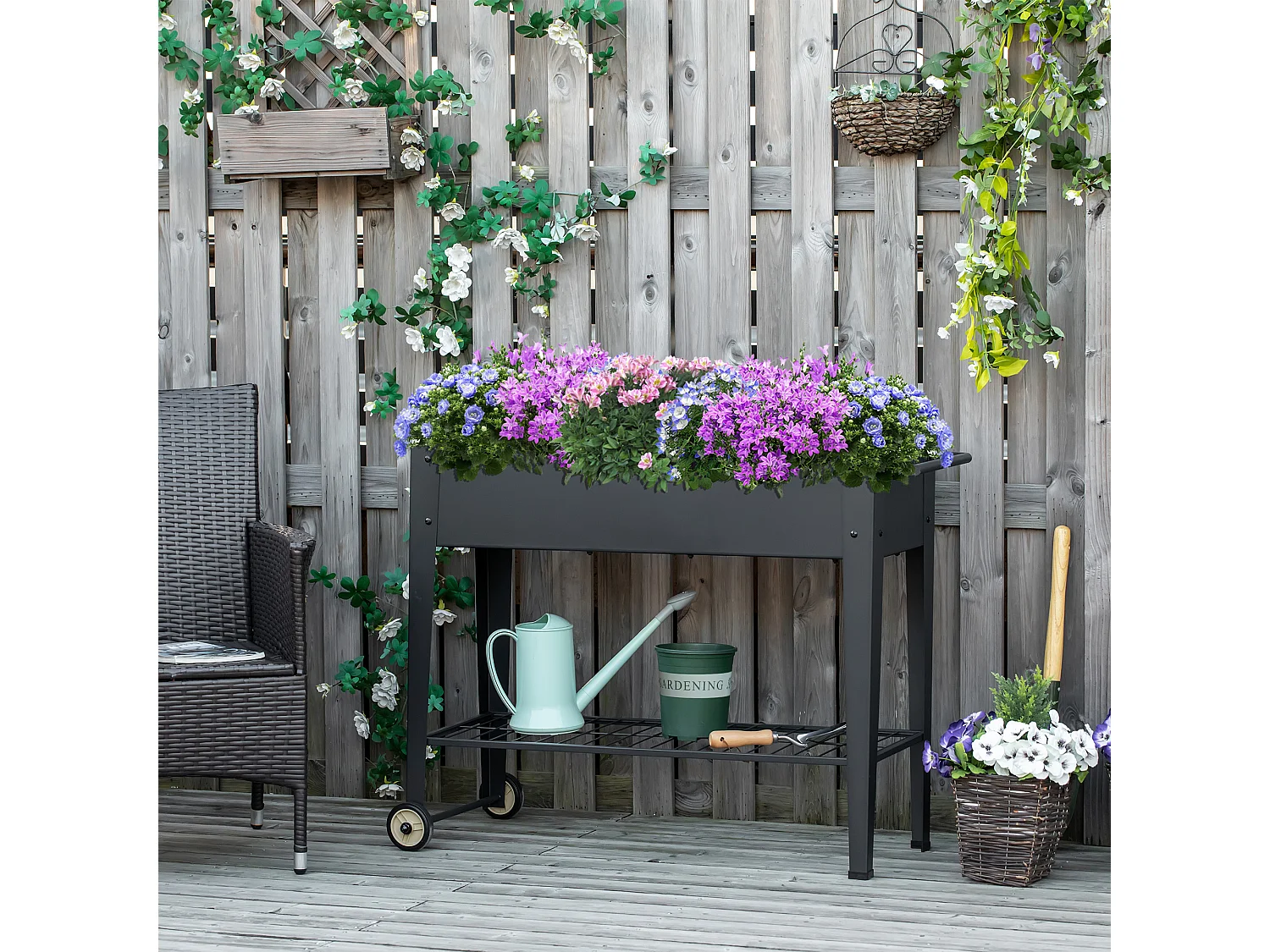 Jardinière sur pieds potager dim. 104L x 39l x 80H cm étagère 2 roues + insert d'irrigation métal noir