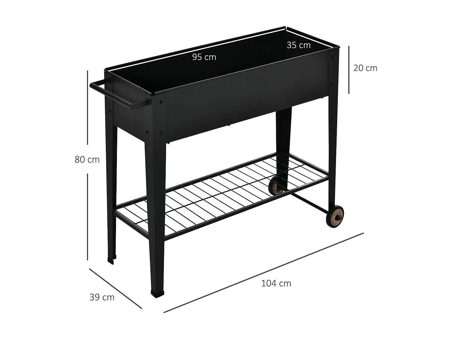 Jardinière sur pieds potager dim. 104L x 39l x 80H cm étagère 2 roues + insert d'irrigation métal noir