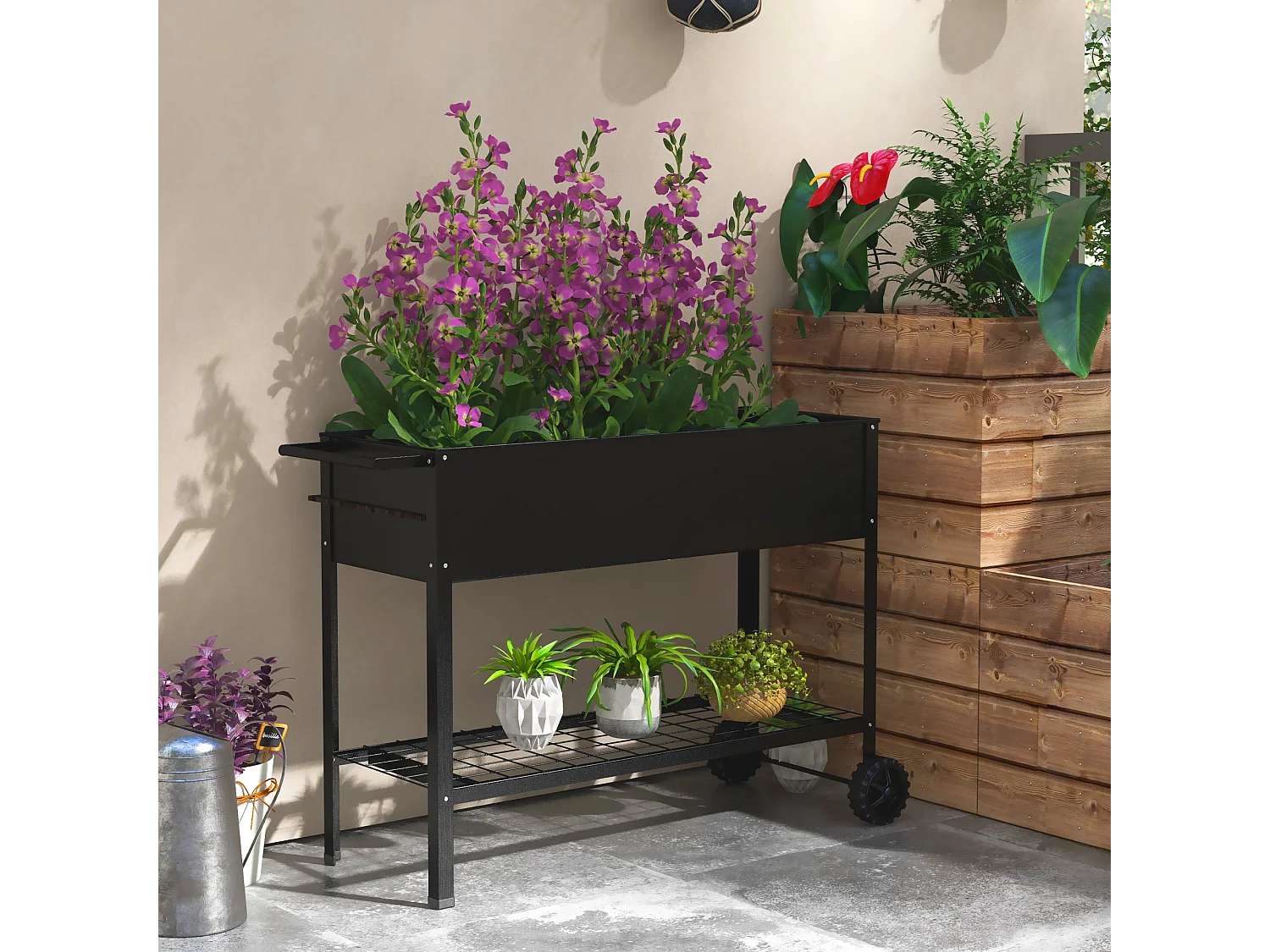 Jardinière sur pieds potager dim. 104L x 39l x 80H cm étagère 2 roues + insert d'irrigation métal noir