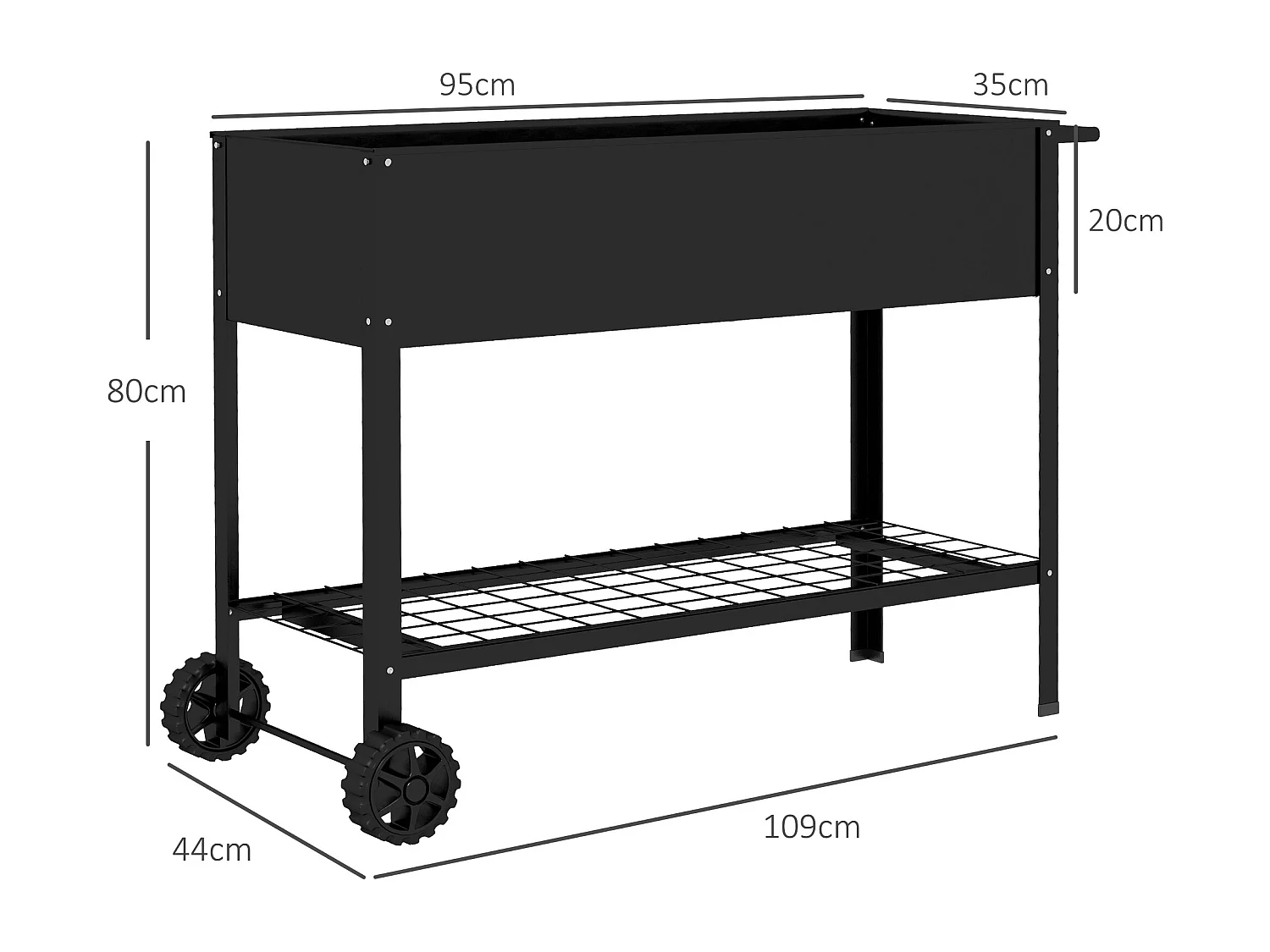 Jardinière sur pieds potager dim. 104L x 39l x 80H cm étagère 2 roues + insert d'irrigation métal noir