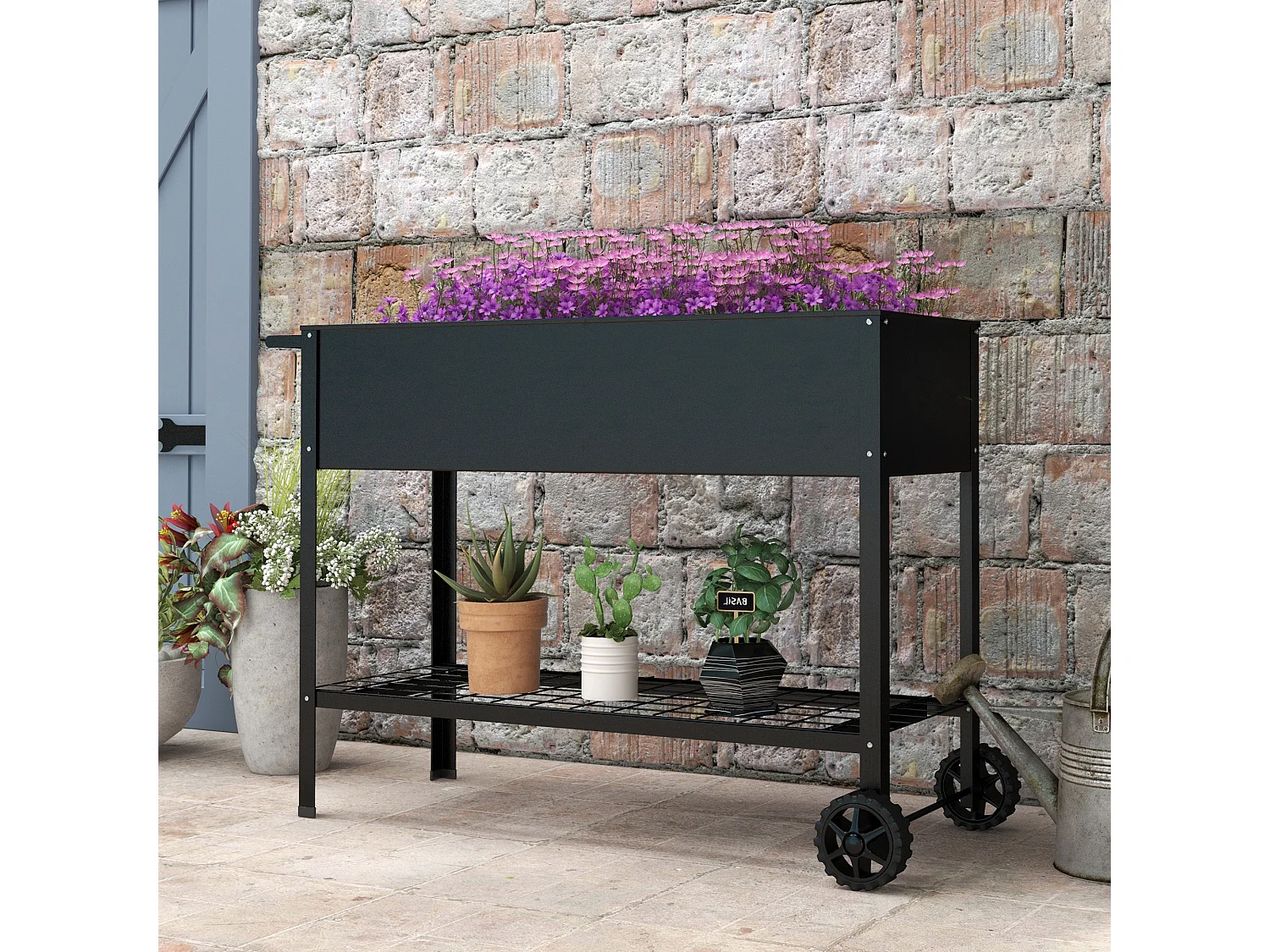 Jardinière sur pieds potager dim. 104L x 39l x 80H cm étagère 2 roues + insert d'irrigation métal noir