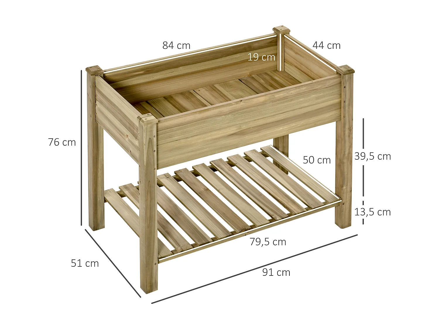 Jardinière sur pieds potager avec étagère à lattes dim. 91L x 51l x 76H cm bois sapin autoclave