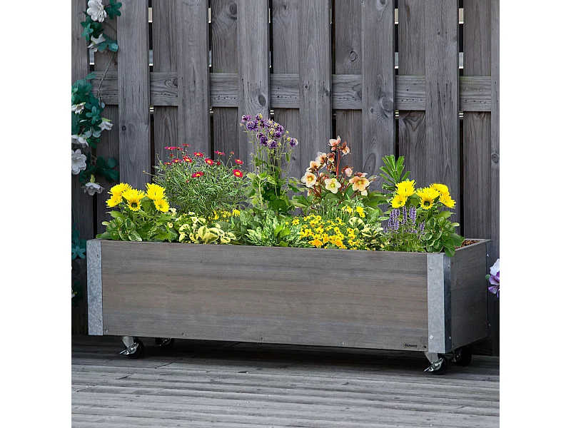 Jardinière sur roulettes - jardinière rectangulaire - inserts d'irrigation, feutre de drainage inclus - métal bois de sapin gris