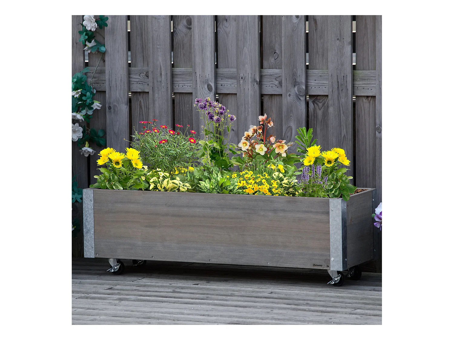 Jardinière sur roulettes - jardinière rectangulaire - inserts d'irrigation, feutre de drainage inclus - métal bois de sapin gris