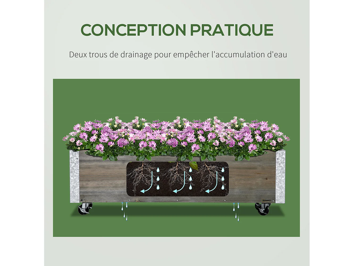 Jardinière sur roulettes - jardinière rectangulaire - inserts d'irrigation, feutre de drainage inclus - métal bois de sapin gris