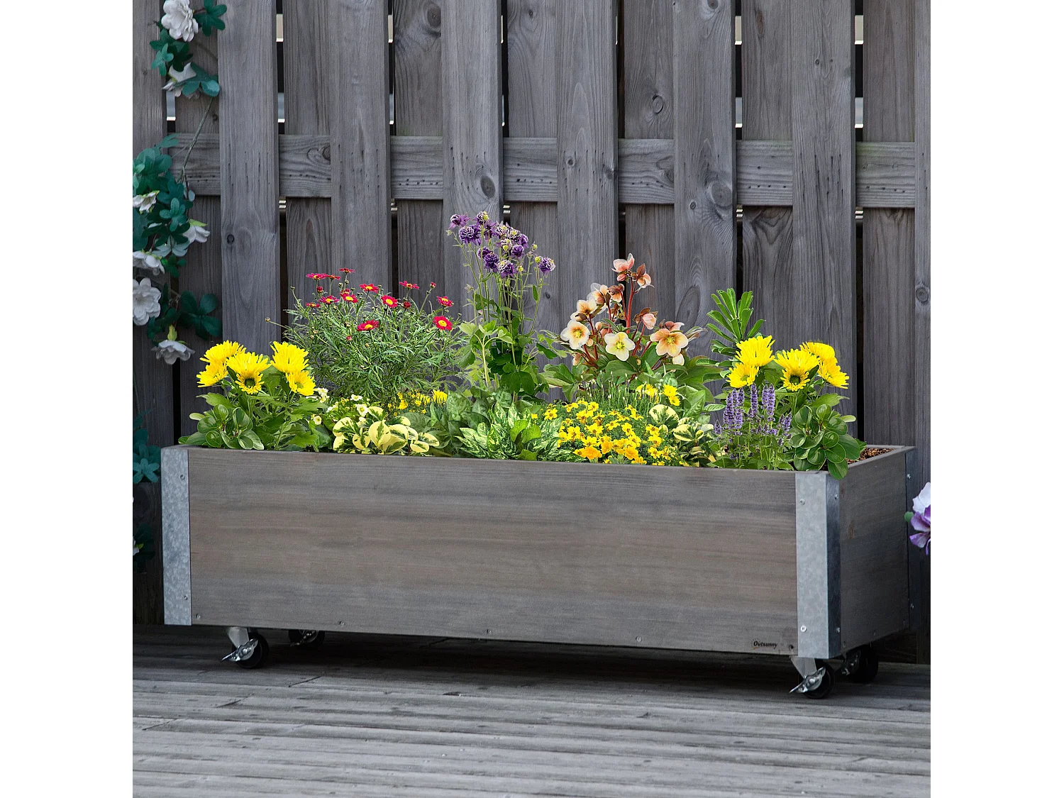 Jardinière sur roulettes - jardinière rectangulaire - inserts d'irrigation, feutre de drainage inclus - métal bois de sapin gris