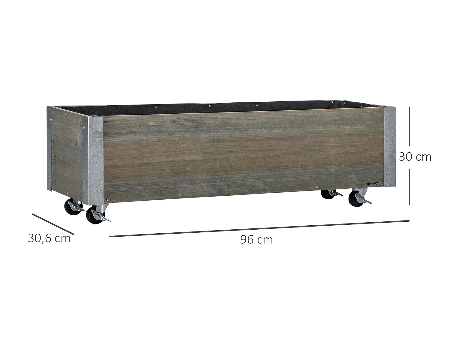 Jardinière sur roulettes - jardinière rectangulaire - inserts d'irrigation, feutre de drainage inclus - métal bois de sapin gris