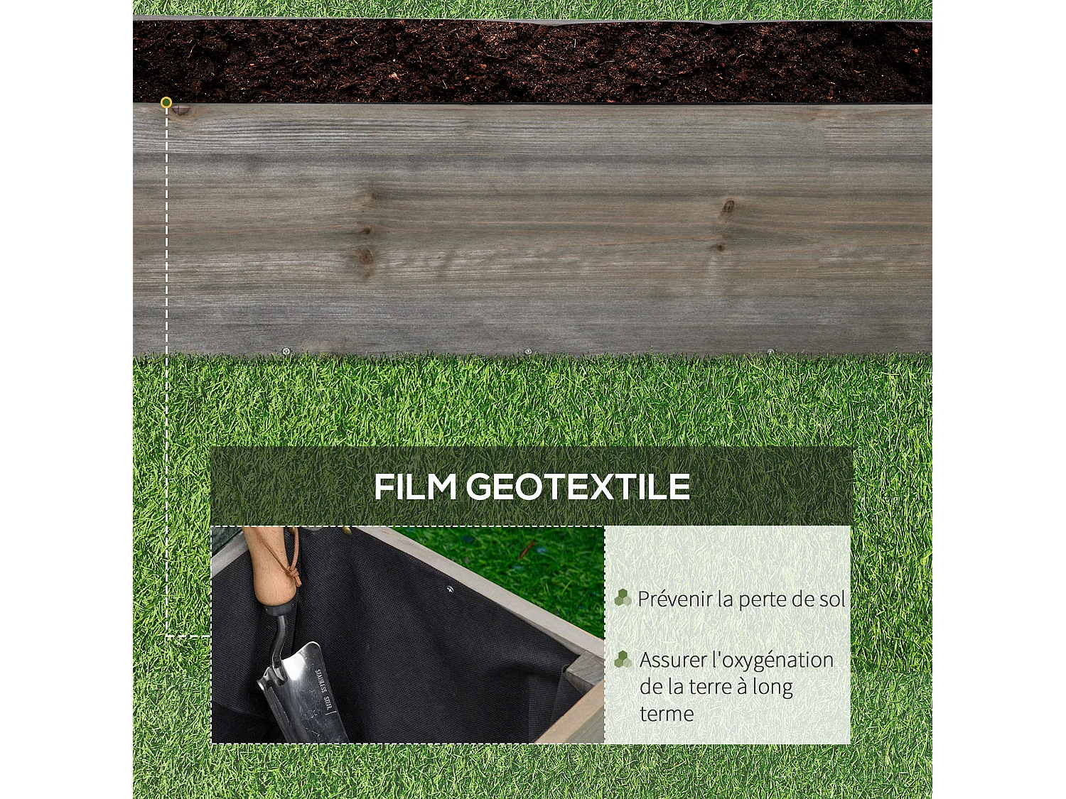 Jardinière sur roulettes - jardinière rectangulaire - inserts d'irrigation, feutre de drainage inclus - métal bois de sapin gris