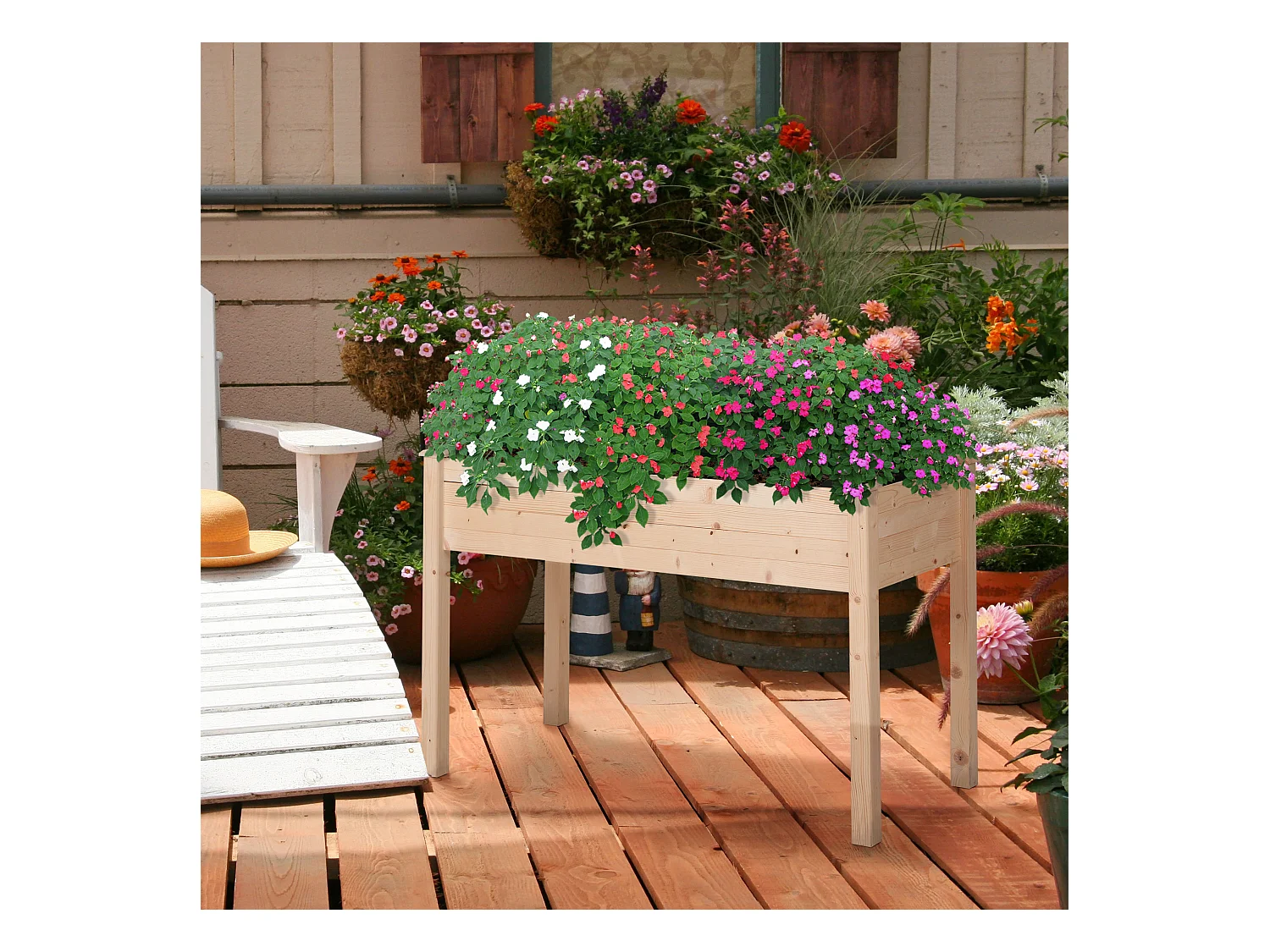 Jardinière sur pieds potager dim. 122L x 56l x 76H cm inserts d'irrigation + feutre de drainage inclus bois massif sapin