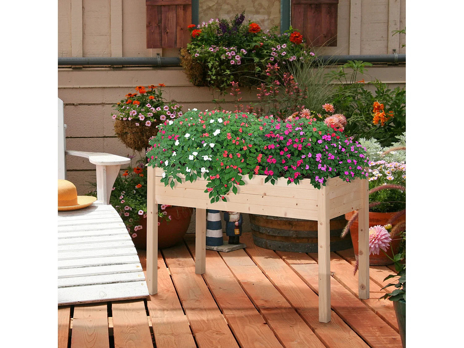 Jardinière sur pieds potager dim. 122L x 56l x 76H cm inserts d'irrigation + feutre de drainage inclus bois massif sapin