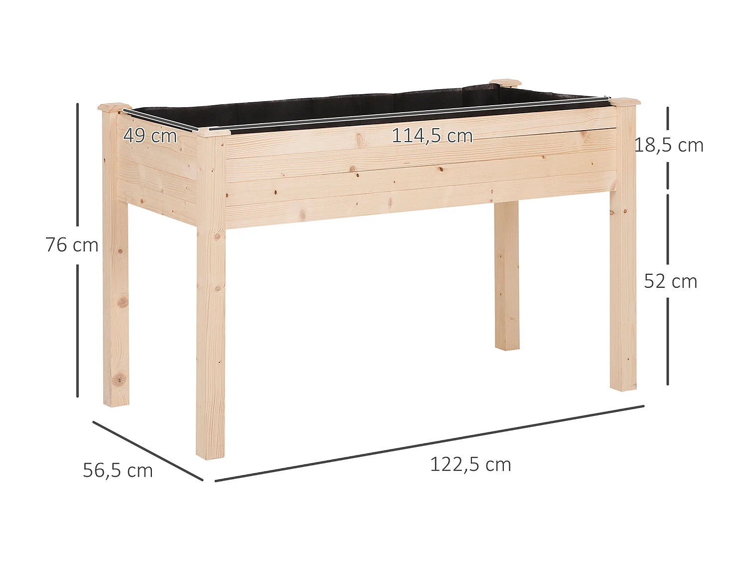 Jardinière sur pieds potager dim. 122L x 56l x 76H cm inserts d'irrigation + feutre de drainage inclus bois massif sapin