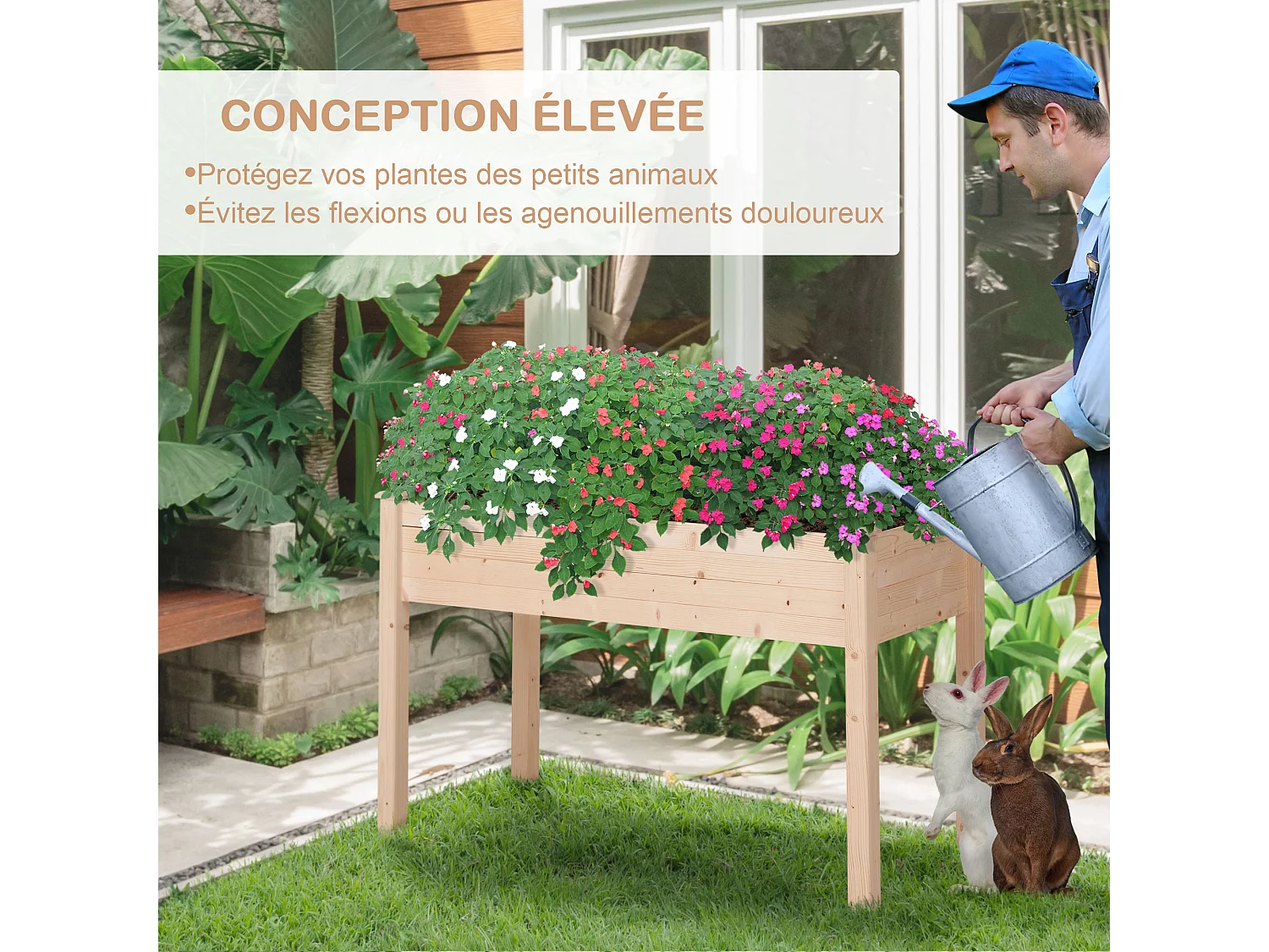 Jardinière sur pieds potager dim. 122L x 56l x 76H cm inserts d'irrigation + feutre de drainage inclus bois massif sapin