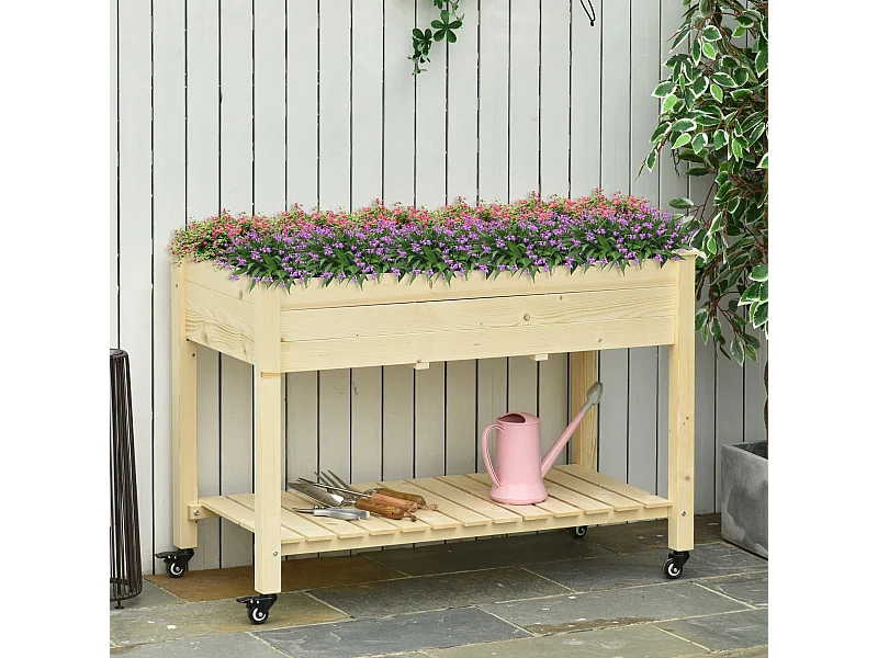 Jardinière sur pieds - potager sur roulettes - étagère, inserts d'irrigation, feutre de drainage inclus - bois massif sapin