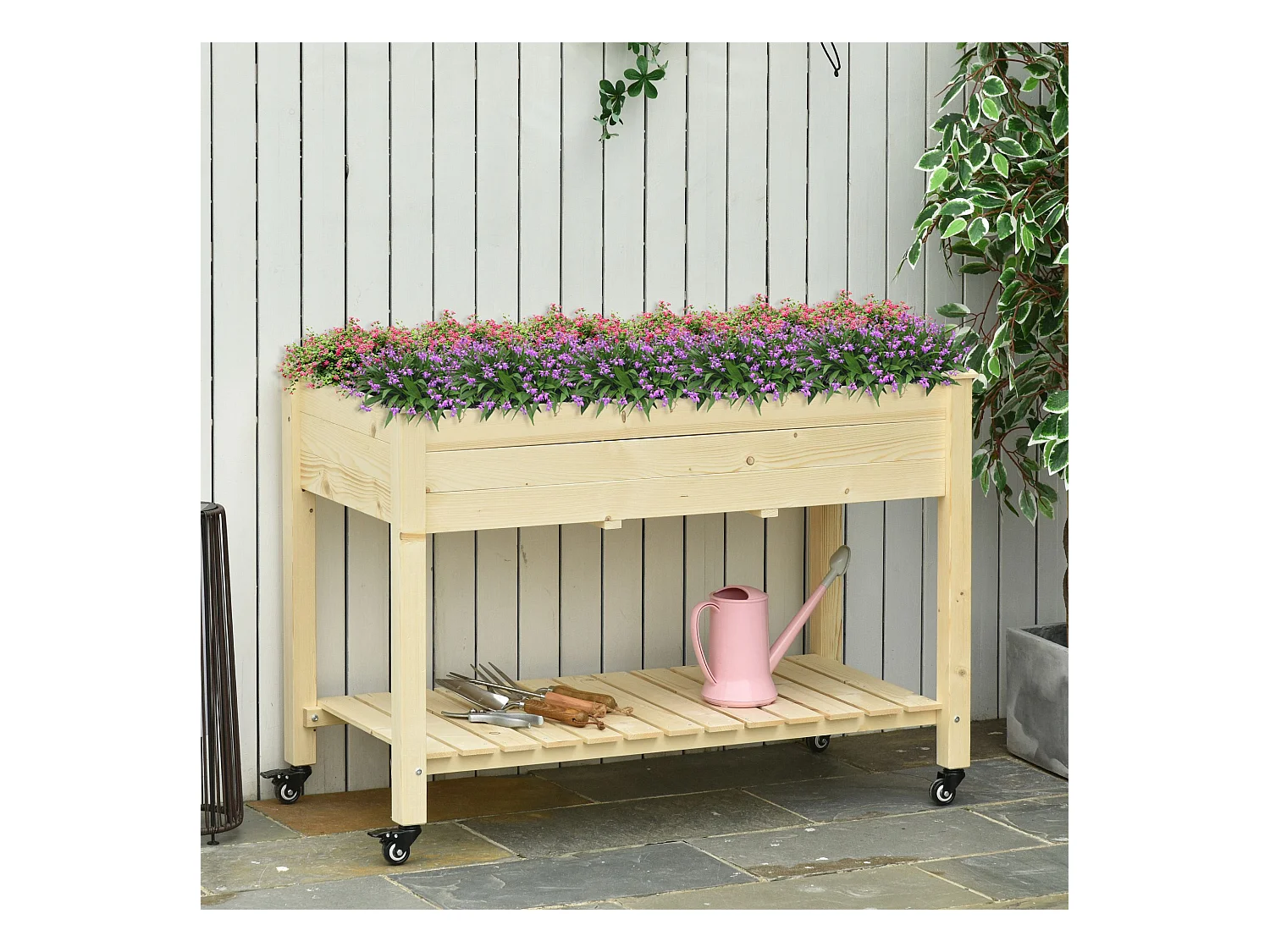 Jardinière sur pieds - potager sur roulettes - étagère, inserts d'irrigation, feutre de drainage inclus - bois massif sapin