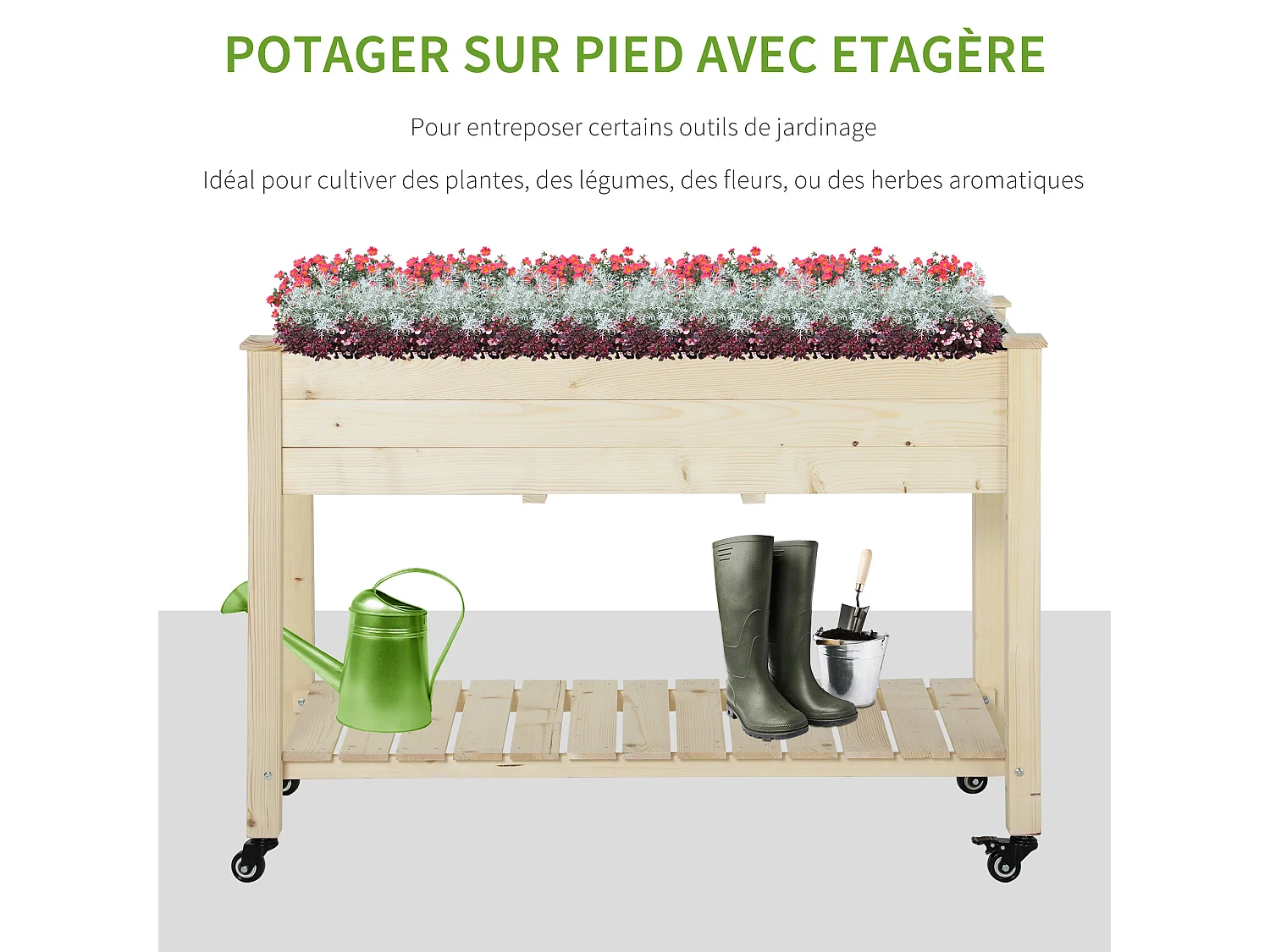 Jardinière sur pieds - potager sur roulettes - étagère, inserts d'irrigation, feutre de drainage inclus - bois massif sapin