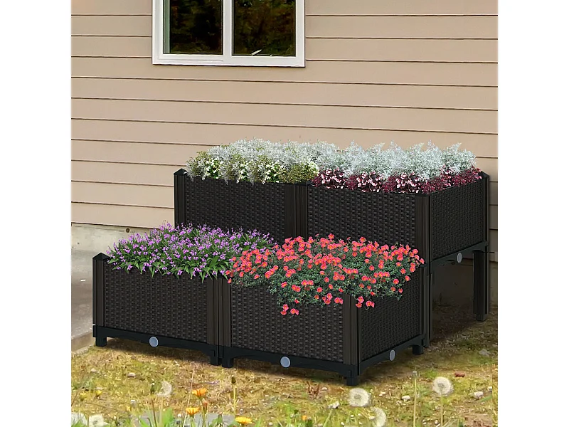 Jardinière sur pieds carré potager 2 étages dim. 80L x 80l x 44H cm insert d'irrigation plastique imitation rotin tressé chocolat