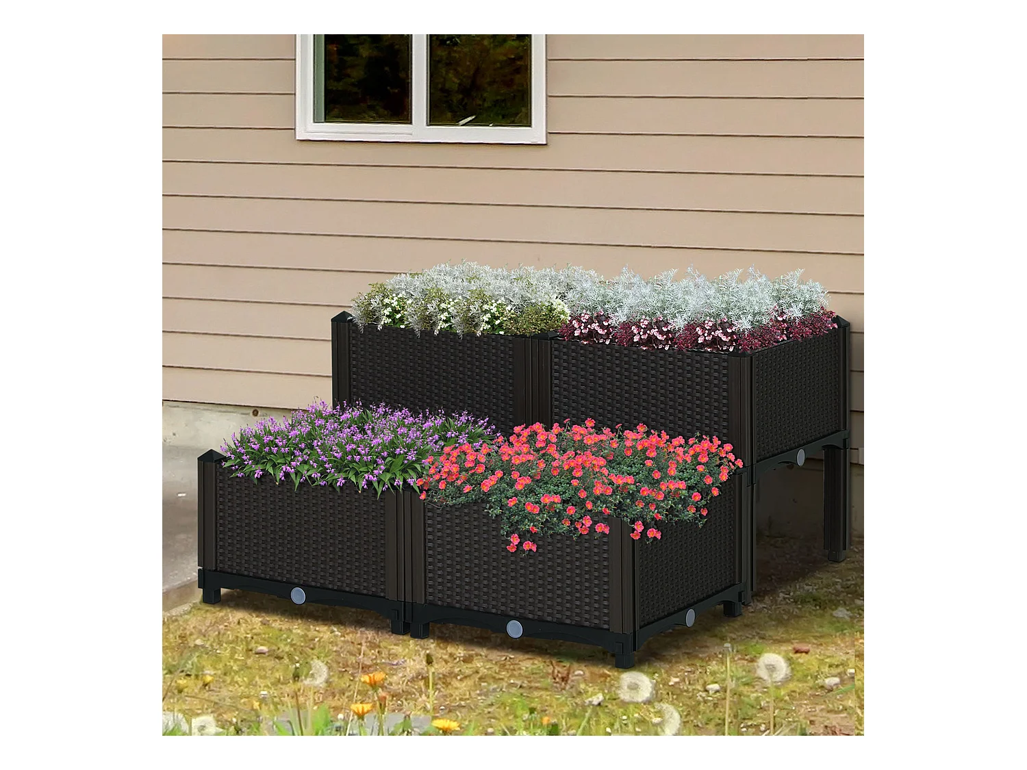 Jardinière sur pieds carré potager 2 étages dim. 80L x 80l x 44H cm insert d'irrigation plastique imitation rotin tressé chocolat