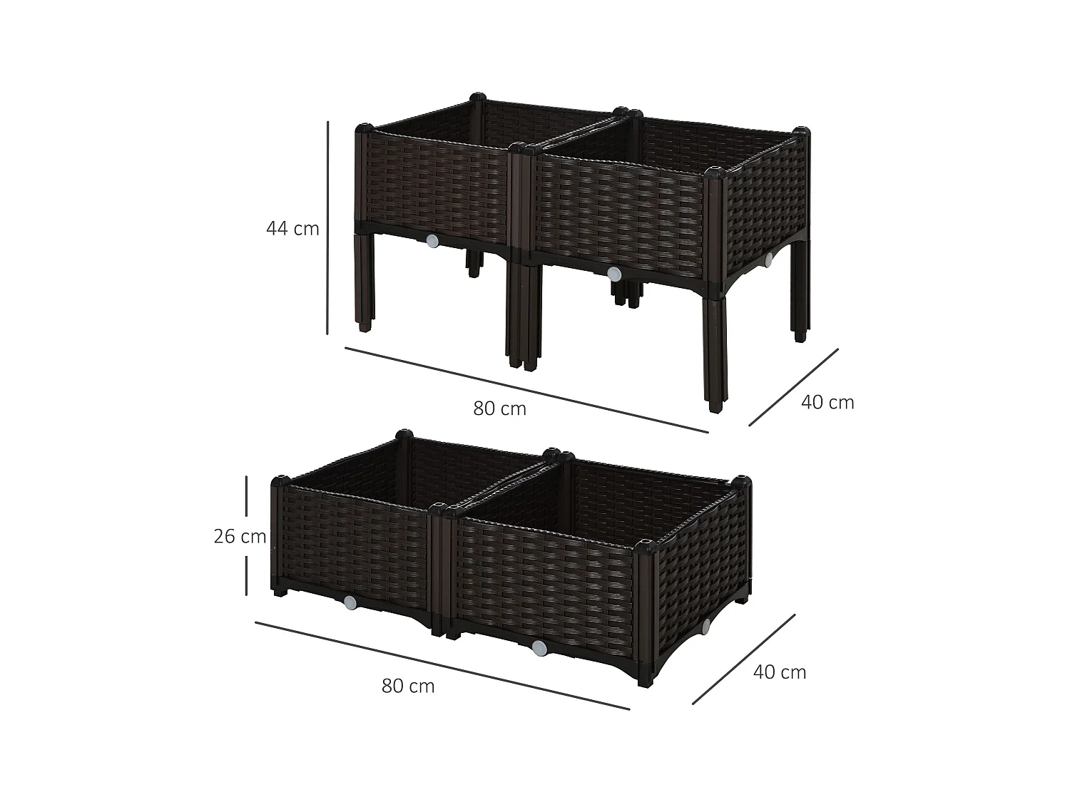 Jardinière sur pieds carré potager 2 étages dim. 80L x 80l x 44H cm insert d'irrigation plastique imitation rotin tressé chocolat