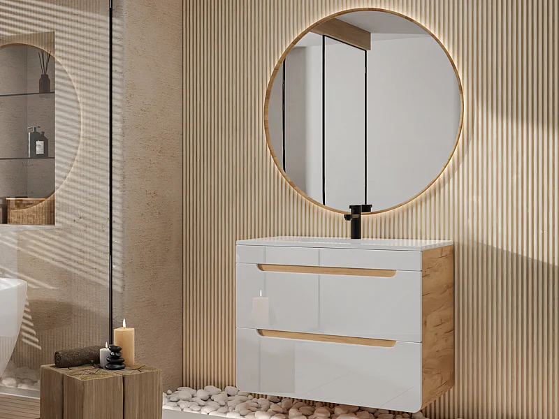 Mueble de baño suspendido con lavabo encastrable - Color natural y blanco 80 cm - ARUBA